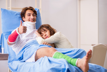 Loving wife looking after injured husband in hospital 