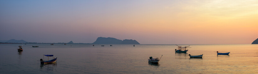 Panoramic view of tropical sea and boats in Thailand.
