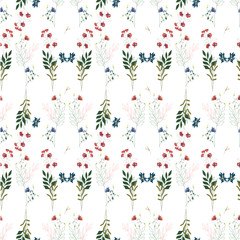 Blossom floral geometric seamless pattern. Blooming botanical motifs. Vector texture with doodle elements. Good for fashion prints. Hand drawn flowers with leaves, branches on white background