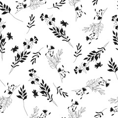 Monochrome floral seamless pattern. Blooming botanical motifs scattered random. Vector texture with doodle elements. Good for fashion prints. Hand drawn flowers with leaves, branches in black