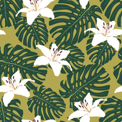 Tropical seamless pattern with monstera leaves and blossom white lily flowers. Exotic vector background. Botanical illustration for fashion or other design
