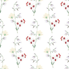 Blossom floral seamless pattern. Blooming botanical motifs scattered random. Vector texture with doodle elements. Good for fashion prints. Hand drawn wild flowers and branches on white background