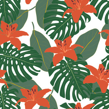 Tropical seamless pattern with monstera, banana leaves and blossom lily flowers. Exotic vector background. Botanical illustration for fashion or other design