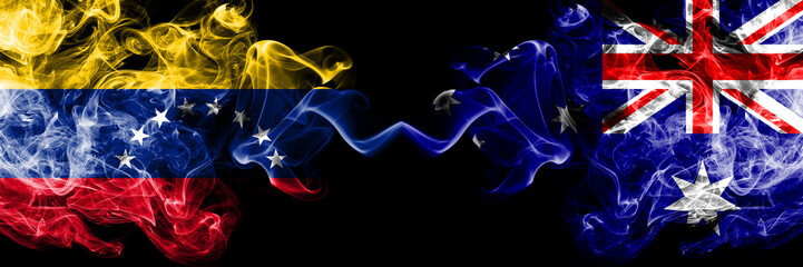 Venezuela vs Australia, Australian smoky mystic flags placed side by side. Thick colored silky smoke flags of Venezuela and Australia, Australian