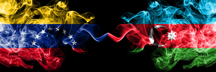 Venezuela vs Azerbaijan, Azerbaijani smoky mystic flags placed side by side. Thick colored silky smoke flags of Venezuela and Azerbaijan, Azerbaijani