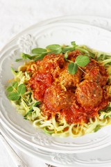keto dish. Zucchini pasta with meatballs. without carbohydrates, rich in protein   