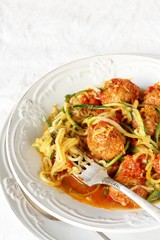 keto dish. Zucchini pasta with meatballs. without carbohydrates, rich in protein   
