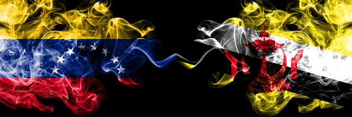 Venezuela vs Brunei, Bruneian smoky mystic flags placed side by side. Thick colored silky smoke flags of Venezuela and Brunei, Bruneian