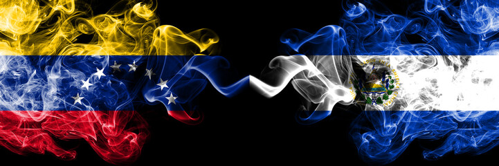 Venezuela vs El Salvador, Salvadorian smoky mystic flags placed side by side. Thick colored silky smoke flags of Venezuela and El Salvador, Salvadorian