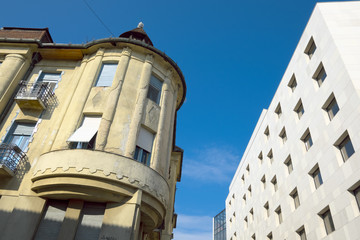 Fototapeta na wymiar Subotica Contrast Old And Modern Building, Serbia