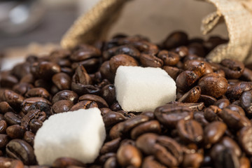 Coffee beans and sugar cubes