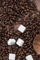 Coffee beans and sugar cubes