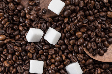 Coffee beans and sugar cubes