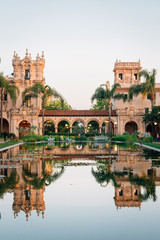 Fototapeta na wymiar The Lily Pond and historic architecture at Balboa Park, in San Diego, California