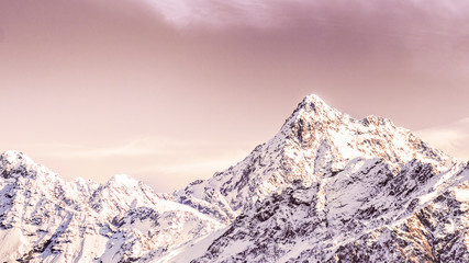 Mountain Peaks Sunset, Winter In Mountains Sunrise background banner, Climate Change And Environment Concept