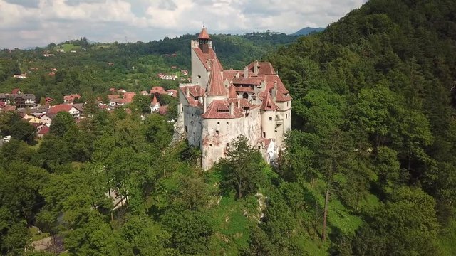 Bran castle aerial view attributed to count Dracula in Transylvania Romania also known as a royal palace of the Queen
