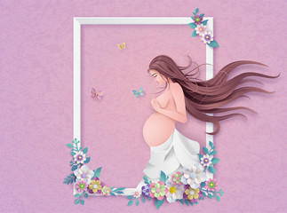 Plakat Happy Mother's day greeting card. Paper cut flower frame with Pregnant woman.