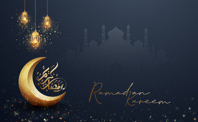 Fototapeta na wymiar Ramadan kareem background with a combination of shining hanging gold lanterns, arabic calligraphy, mosque and golden crescent moon. Islamic backgrounds for posters, banners, greeting cards and more.