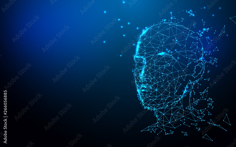 Poster Realistic 3d man head polygonal skin. Abstract lines, triangles and particle style design. Illustration vector