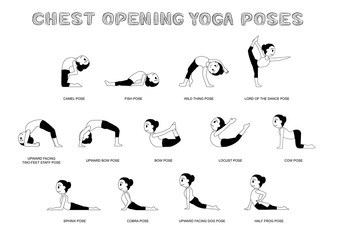 Yoga Chest Opening Poses Vector Illustration Monochrome