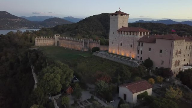 Aerial view of Angera castle above the Lake Maggiore in Lombardia Italy 