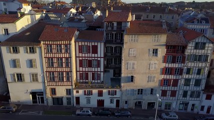 Bayonne aerial street view of the medieval half timbered houses along the city wall in Basque county France