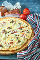 Slice of hot pizza large cheese lunch or dinner crust seafood meat topping sauce. with bell pepper...