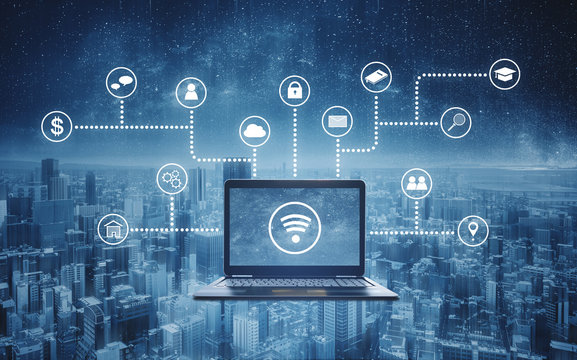 Computer laptop with wireless and application programming and social media icons. Internet networking and wireless technology