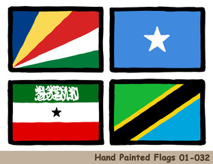 手描きの旗アイコン,セーシェルの国旗,ソマリアの国旗,ソマリランドの国旗,タンザニアの国旗 Flag of the Seychelles, Somalia, Somaliland, Tanzania, hand drawn isolated vector icon.