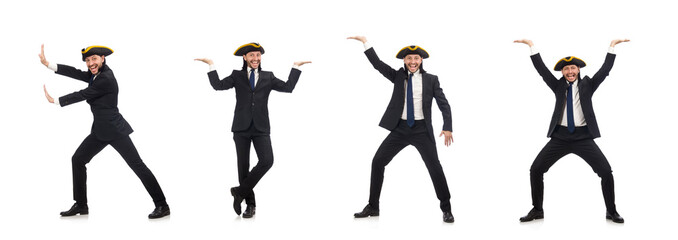 Young businessman wearing tricorn isolated on white