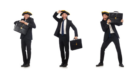 Businessman with tricorn and briefcase isolated on white