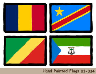 手描きの旗アイコン,チャドの国旗,コンゴ民主共和国の国旗,コンゴ共和国の国旗,赤道ギニアの国旗 Flag of the Chad, Democratic Republic of the Congo, Republic of the Congo, Republic of Equatorial Guinea, hand drawn isolated vector icon.
