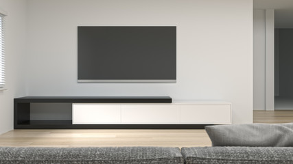 clean modern Tv wood white cabinet in empty room interior background  3d rendering home...