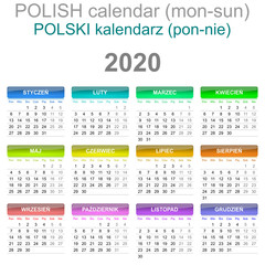 2020 Calendar Polish Language Monday to Sunday