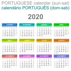 2020 Calendar Portuguese Language Sunday to Saturday