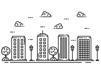 line building city with street lamps and trees