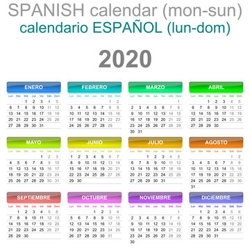 2020 Calendar Spanish Language Monday to Sunday