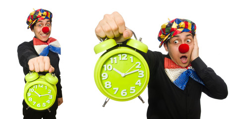 Funny clown with clock isolated on white