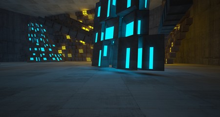 Abstract  Concrete Futuristic Sci-Fi interior With Blue And Yellow Glowing Neon Tubes . 3D illustration and rendering.