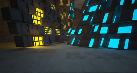 Abstract  Concrete Futuristic Sci-Fi interior With Blue And Yellow Glowing Neon Tubes . 3D illustration and rendering.