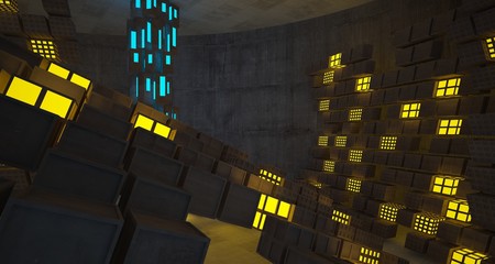 Abstract  Concrete Futuristic Sci-Fi interior With Blue And Yellow Glowing Neon Tubes . 3D illustration and rendering.