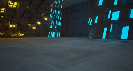 Abstract  Concrete Futuristic Sci-Fi interior With Blue And Yellow Glowing Neon Tubes . 3D illustration and rendering.