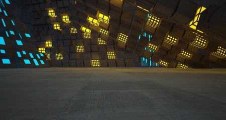 Abstract  Concrete Futuristic Sci-Fi interior With Blue And Yellow Glowing Neon Tubes . 3D illustration and rendering.