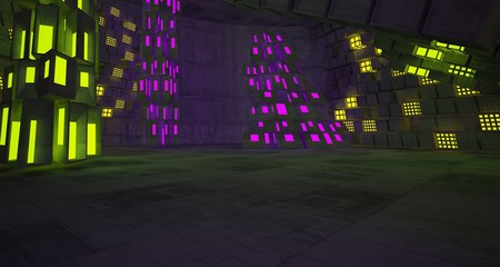 Abstract  Concrete Futuristic Sci-Fi interior With Pink And Green Glowing Neon Tubes . 3D illustration and rendering.