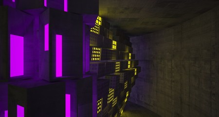 Abstract  Concrete Futuristic Sci-Fi interior With Pink And Green Glowing Neon Tubes . 3D illustration and rendering.