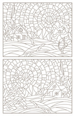 Fototapeta na wymiar Set contour illustrations of stained glass Windows landscape , lonely house on a background of nature