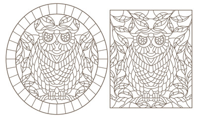 Fototapeta premium Set of contour illustrations with owls, dark contours on white background, oval and rectangular image in the frame