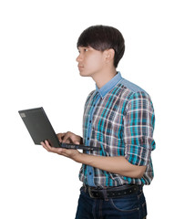 businessman handsome young using Laptop computer on white background