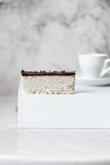 Chocolate and Coconut Cake on white background with copy space