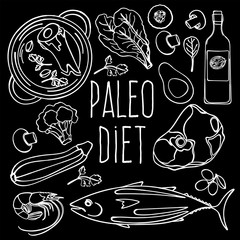 PALEO BLACK Healthy Food Low Carb Diet Proper Nutrition Vector Illustration Set for Print Fabric and Decoration